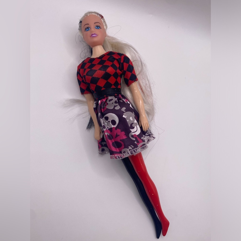 Fashion Doll with‎ Red and Black Outfit Hair Split Dyed Punk Gothic Skull - Picture 10 of 10